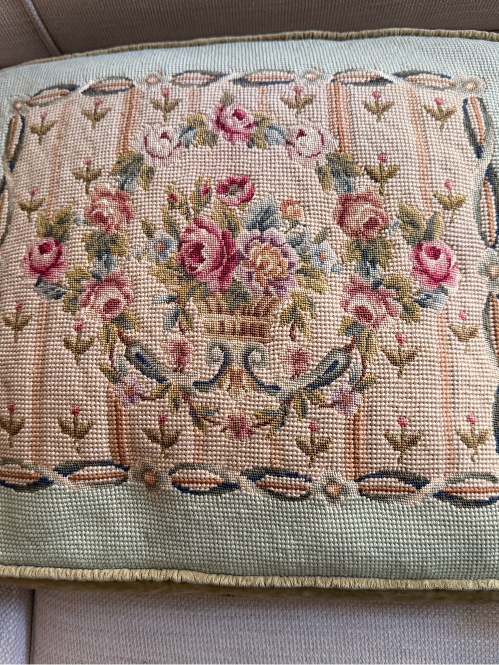 Pair Antique French PILLOW Cushions large needlepoint petitpoint roses